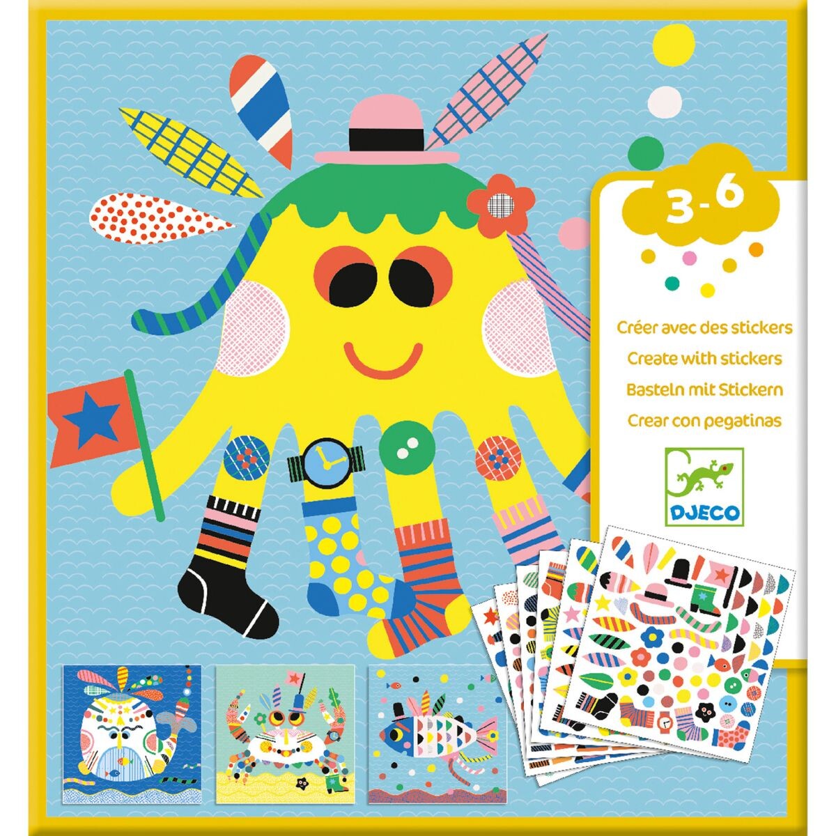 DJSTIC - Set X4 Laminas Para Jugar Con Stickers 3-6 Años Djeco - Pulpo 