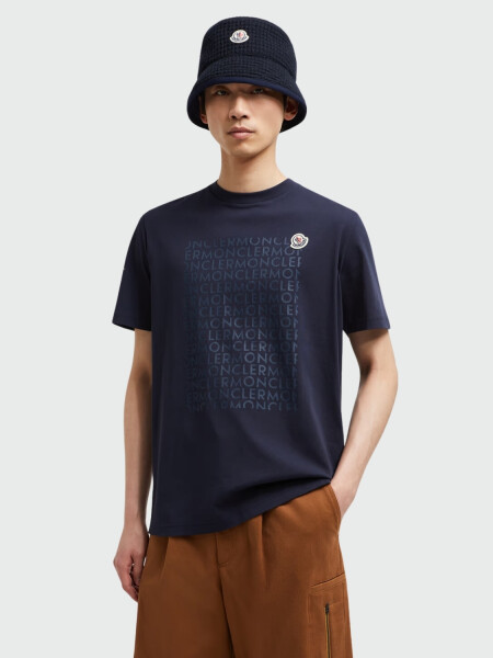 Moncler - Remera de algodón estampada con el nombre de la marca Azul