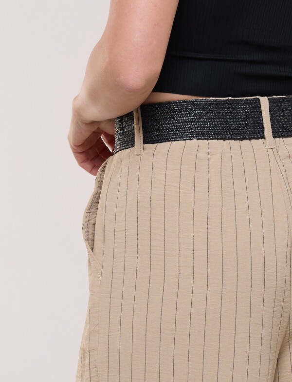 Pantalon Wide Leg Rayado Con Cinturón De Rafia BEIGE