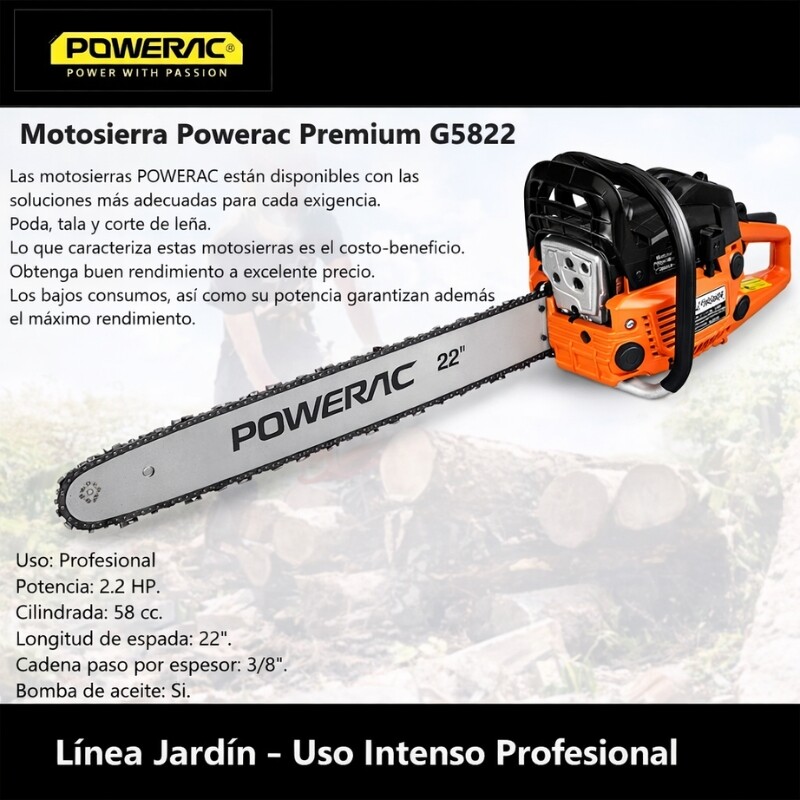 POWERAC MOTOSIERRA INDUSTRIAL 54 CC 22 PULGADAS CADENA OREGON Powerac Motosierra Industrial 54 Cc 22 Pulgadas Cadena Oregon
