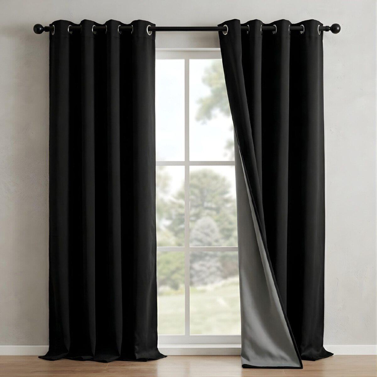 Cortina Blackout 100% Engomada Termica Set 2 Paños Tipo Lino - Color Variante Negro 