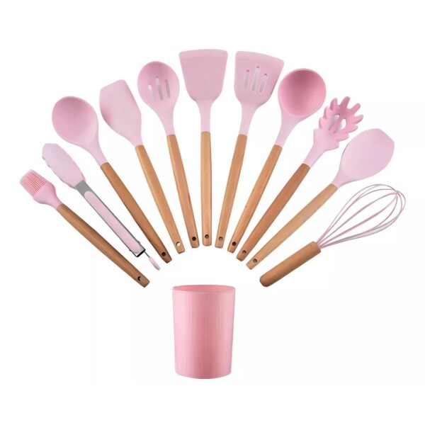 JUEGO 11 PIEZAS MENAGE SILICONA MANGO MADERA ROSA