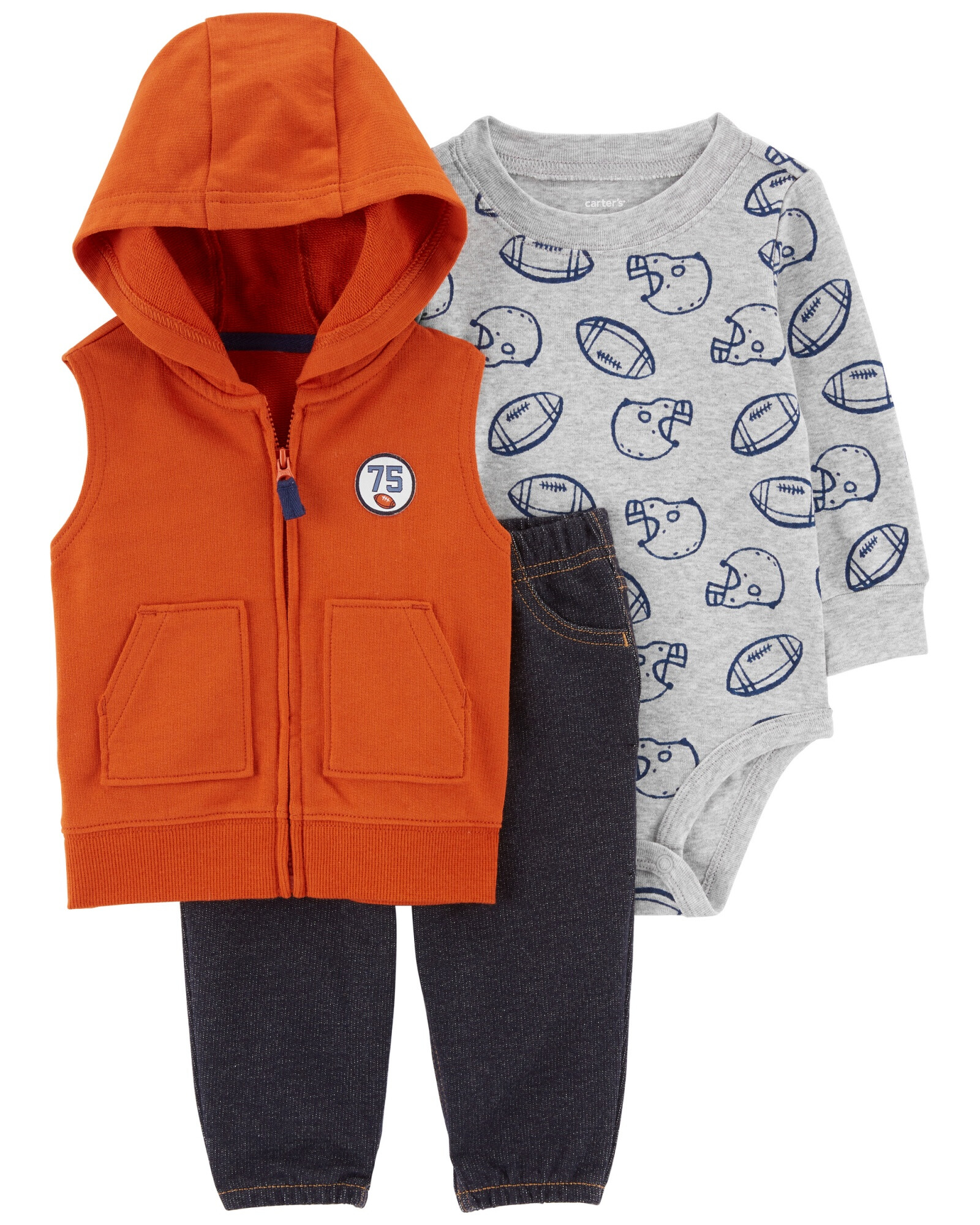 Set tres piezas chaleco y body de algodón, con pantalón jean Set tres piezas chaleco y body de algodón, con pantalón jean