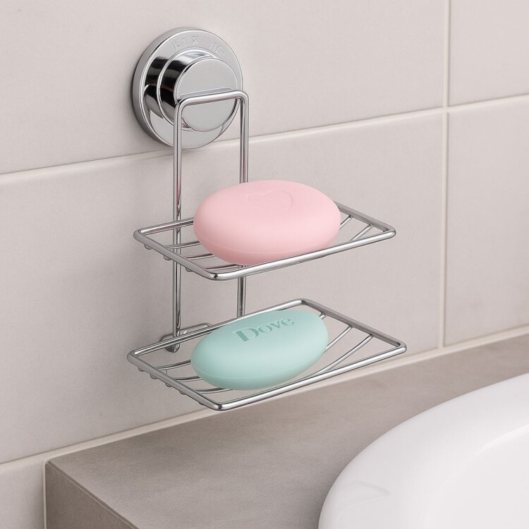 JABONERA DE BAÑO DOBLE CON VENTOSA ACERO INOXIDABLE PLATEADO