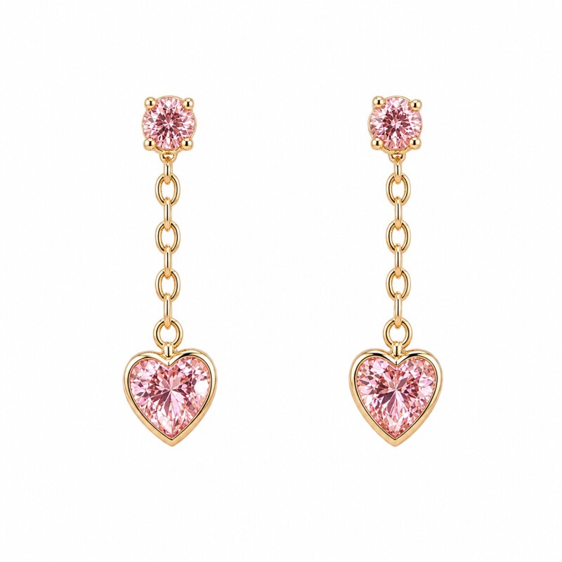 Caravanas colgante corazón zirconia rosa-Oro bajo-Zirconia rosa-CA8496. conpiedra