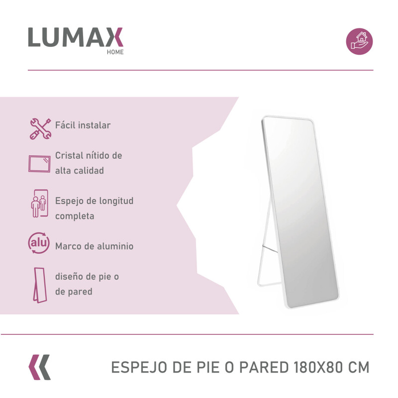 Espejo de pie o pared Glamour Lumax 180x80 cm living dormitorio Blanco