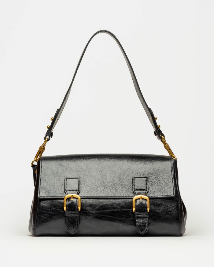 Cartera al hombro Elise en cuero arrugado Negro