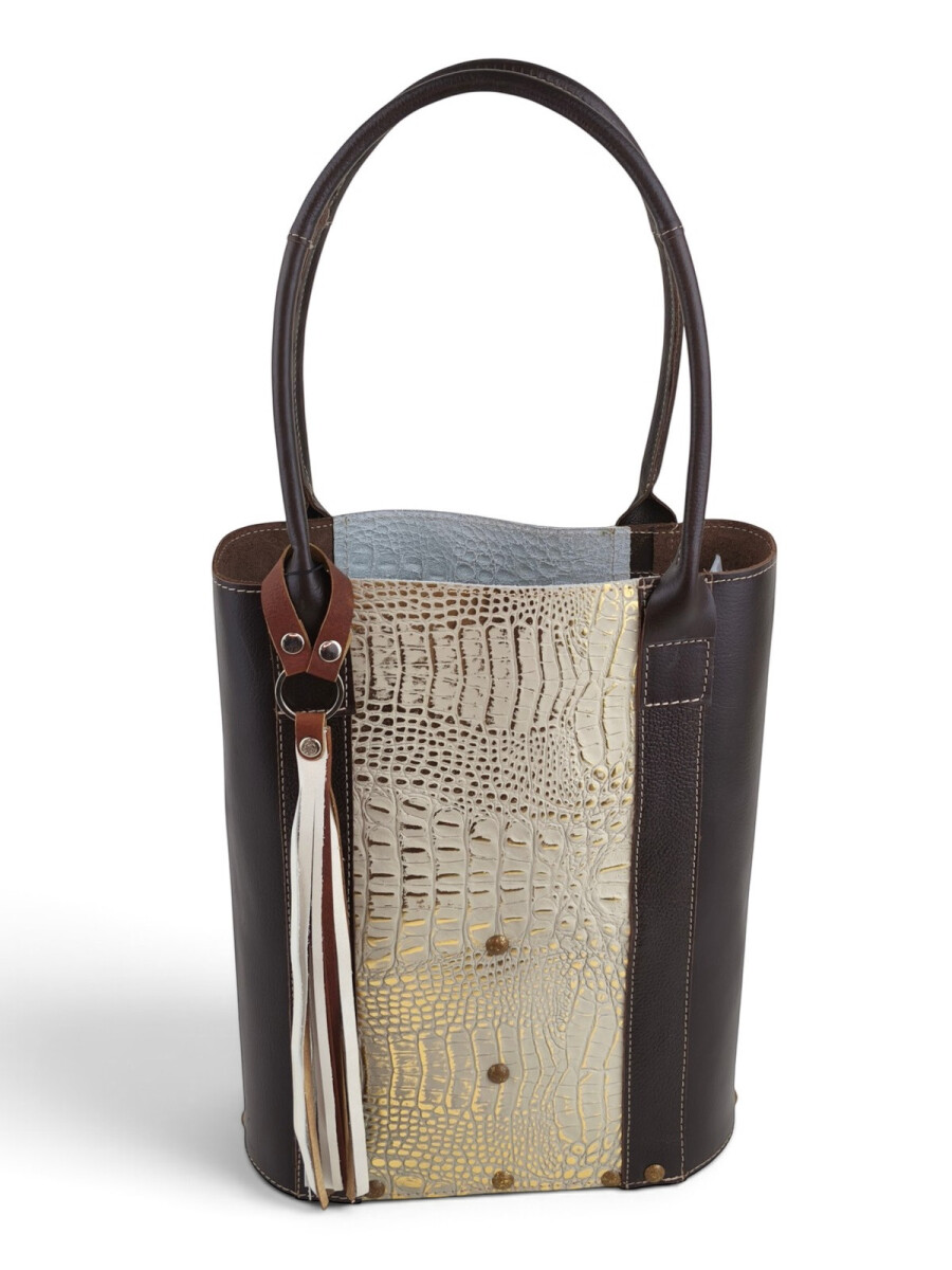 Matera de Cuero Combinado Grabado – Con Compartimento Interno - Croco beige y dorado 