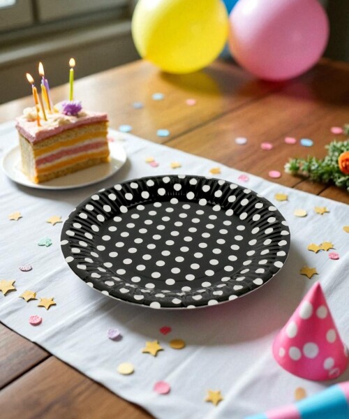 Plato 18 cm. diametro paquete x 10 NEGRO LUNARES