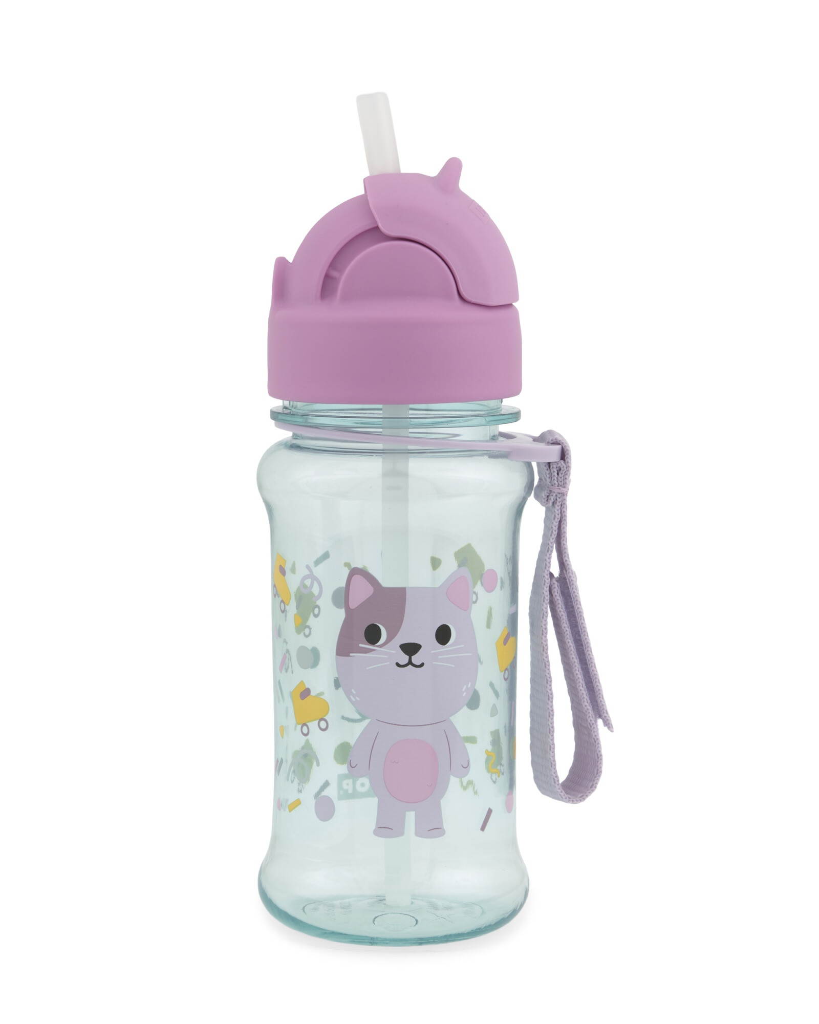 Botella de plástico tritan, con sorbito, diseño gato Botella de plástico tritan, con sorbito, diseño gato