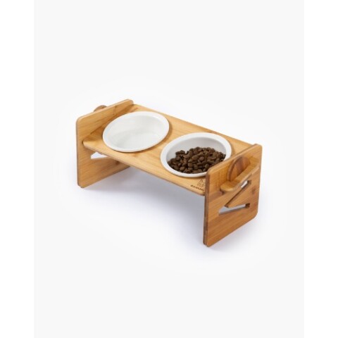 Comedero ajustable doble bambú y cerámica, 35*16*16cm Comedero Ajustable Doble Bambú Y Cerámica, 35*16*16cm