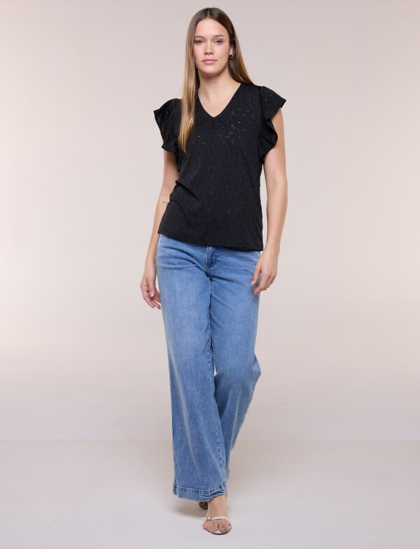 Blusa Broderie Manga Volado NEGRO