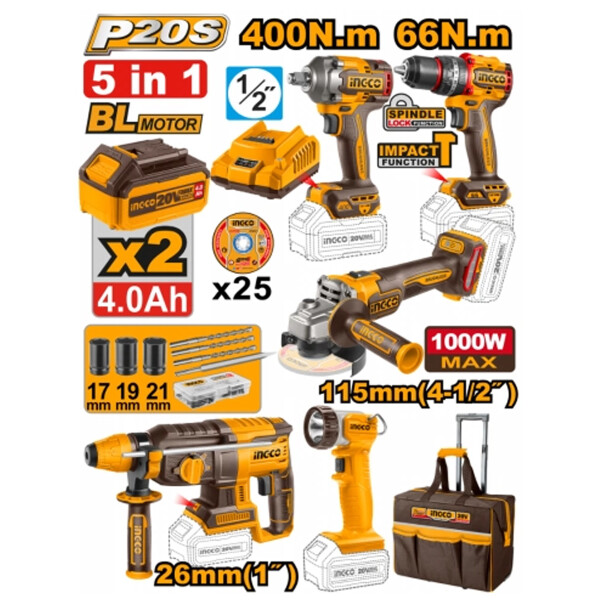 KIT A BATERIA 20V P20S 5PCS BRUSHLESS MOTOR C/BATERIA CARGADOR BOLSO Y ACCESO KIT A BATERIA 20V P20S 5PCS BRUSHLESS MOTOR C/BATERIA CARGADOR BOLSO Y ACCESO
