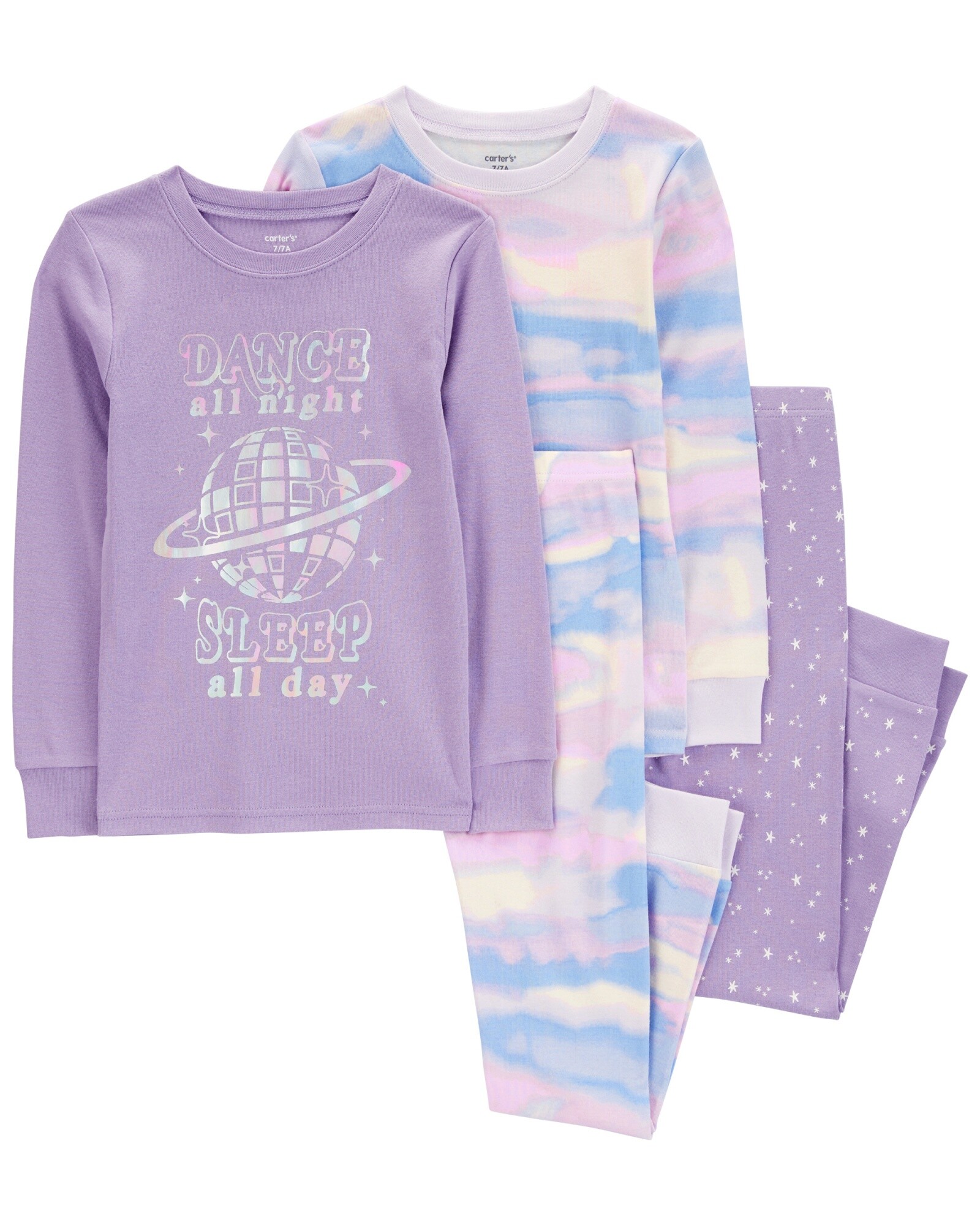 Pijama cuatro piezas de algodón, dos pantalones y dos remeras, estampados Sin color