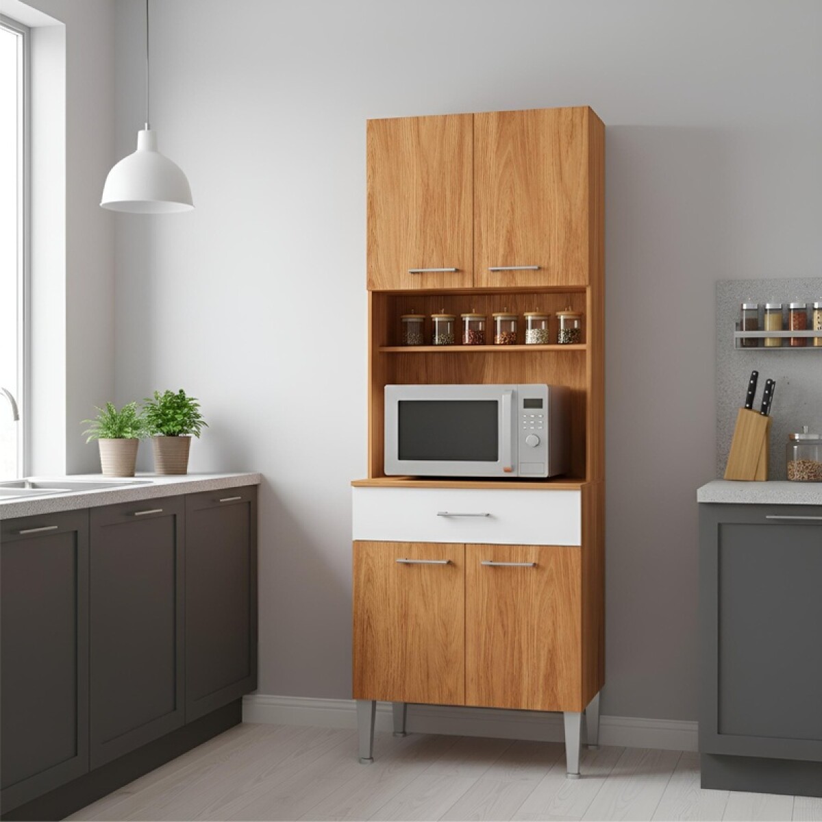 Mueble Alacena de Cocina Organizador para Microondas con Nicho y Cajón 168 x 60 cm - Cinamomo / Blanco 