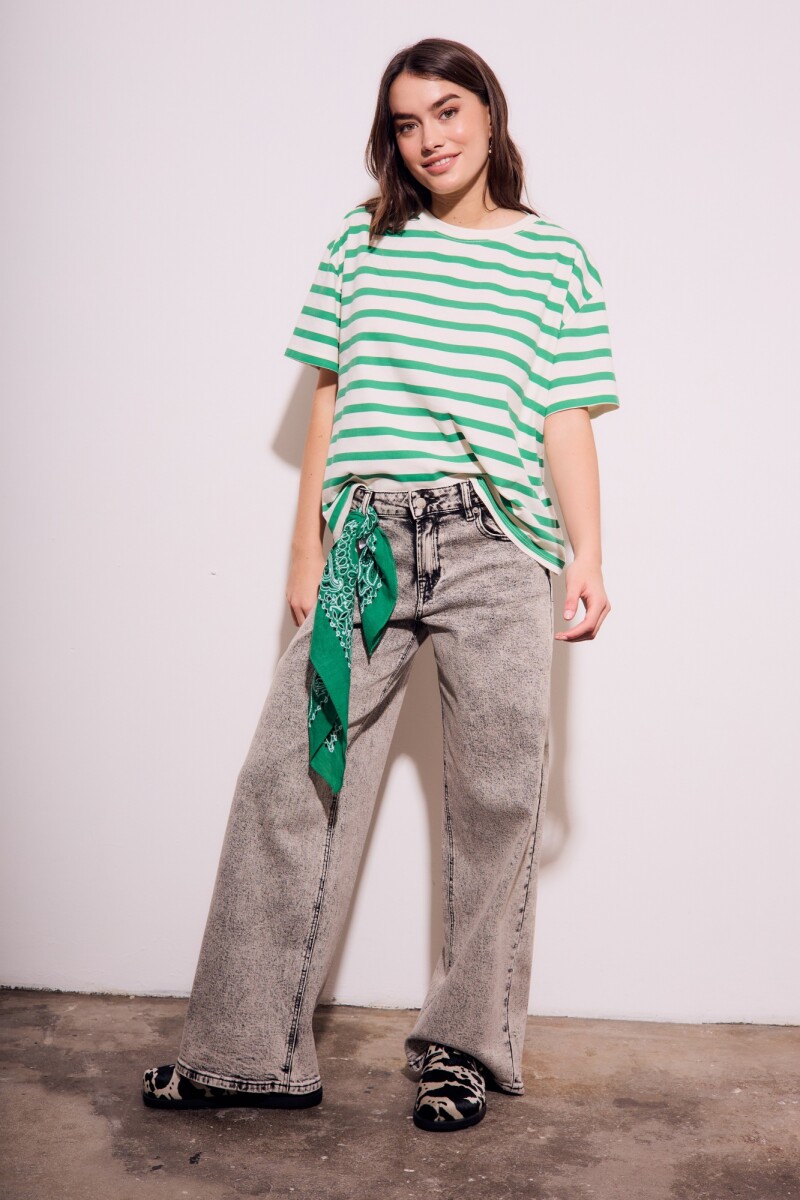 Remera Algodon Lavado Rayada Verde Verde