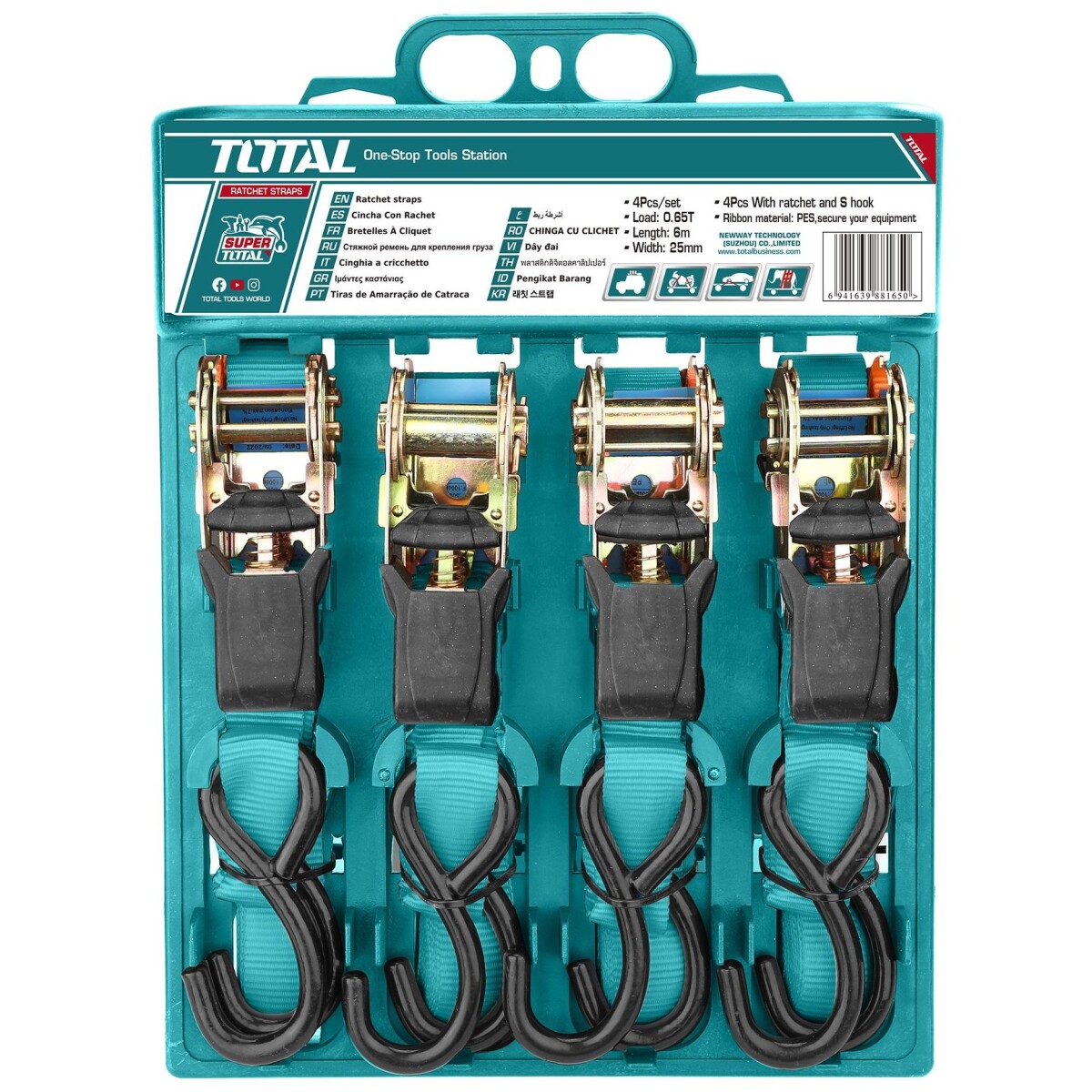 Set 4 Cintas De Amarre Con Catraca Y Gancho, 650Kg 