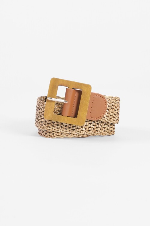 Cinturón rafia hebilla madera cuadrada beige