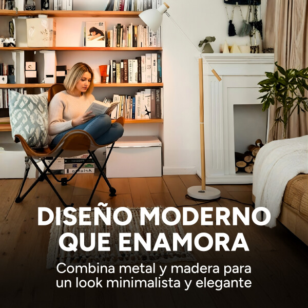 Lampara De Pie Moderna Metal Madera Minimalista 158Cm Color Blanco