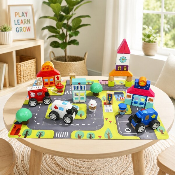 Juego Ciudad Bloques Y Autitos Encastre TopBright Madera Gris 1