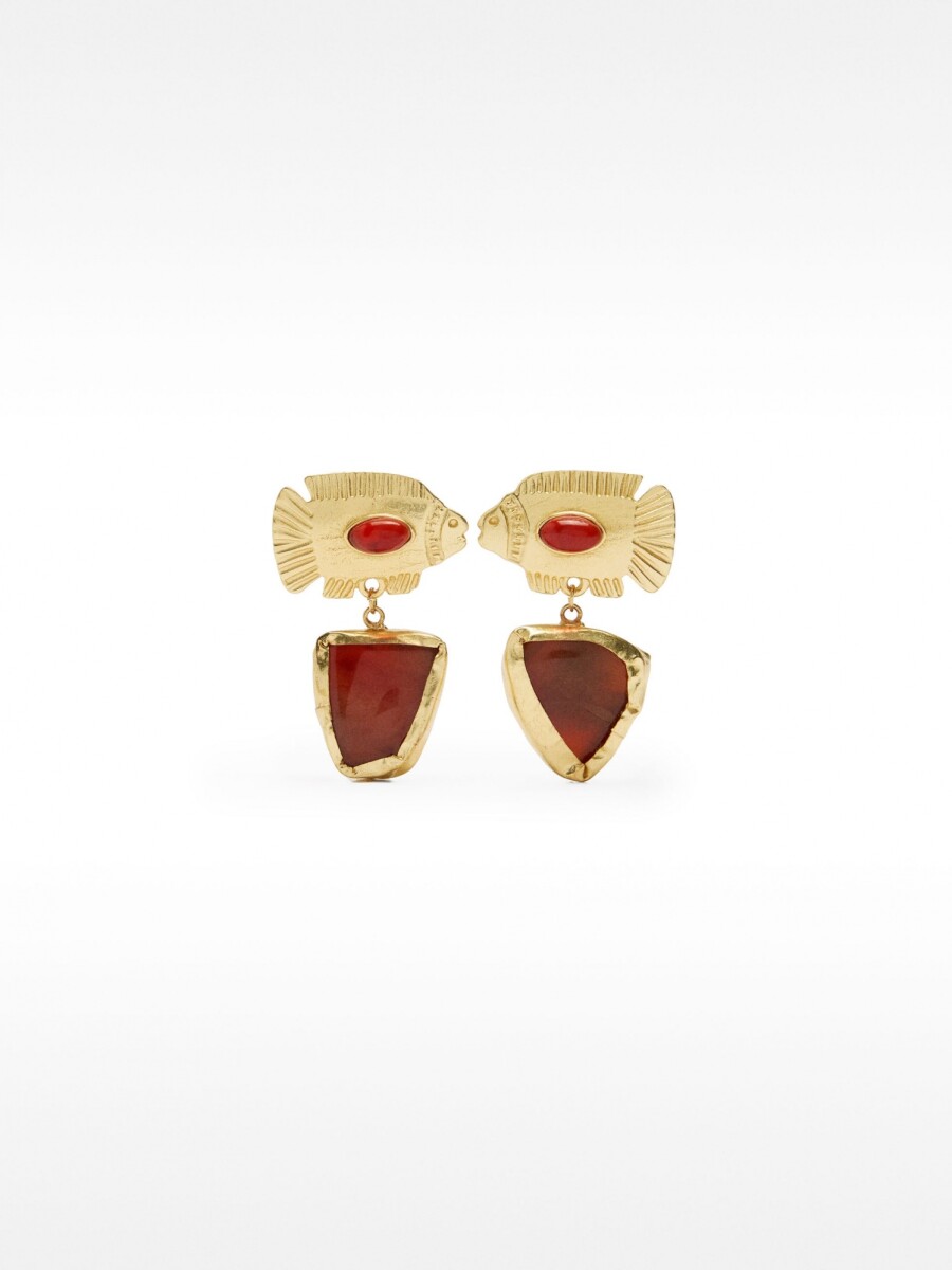 Pendientes De Peces Con Piedra rojo