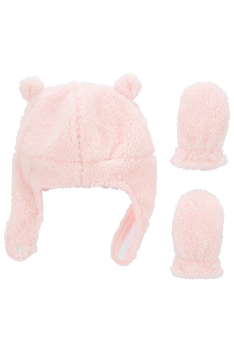 Gorro con orejas y mitones de sherpa, rosados Sin color
