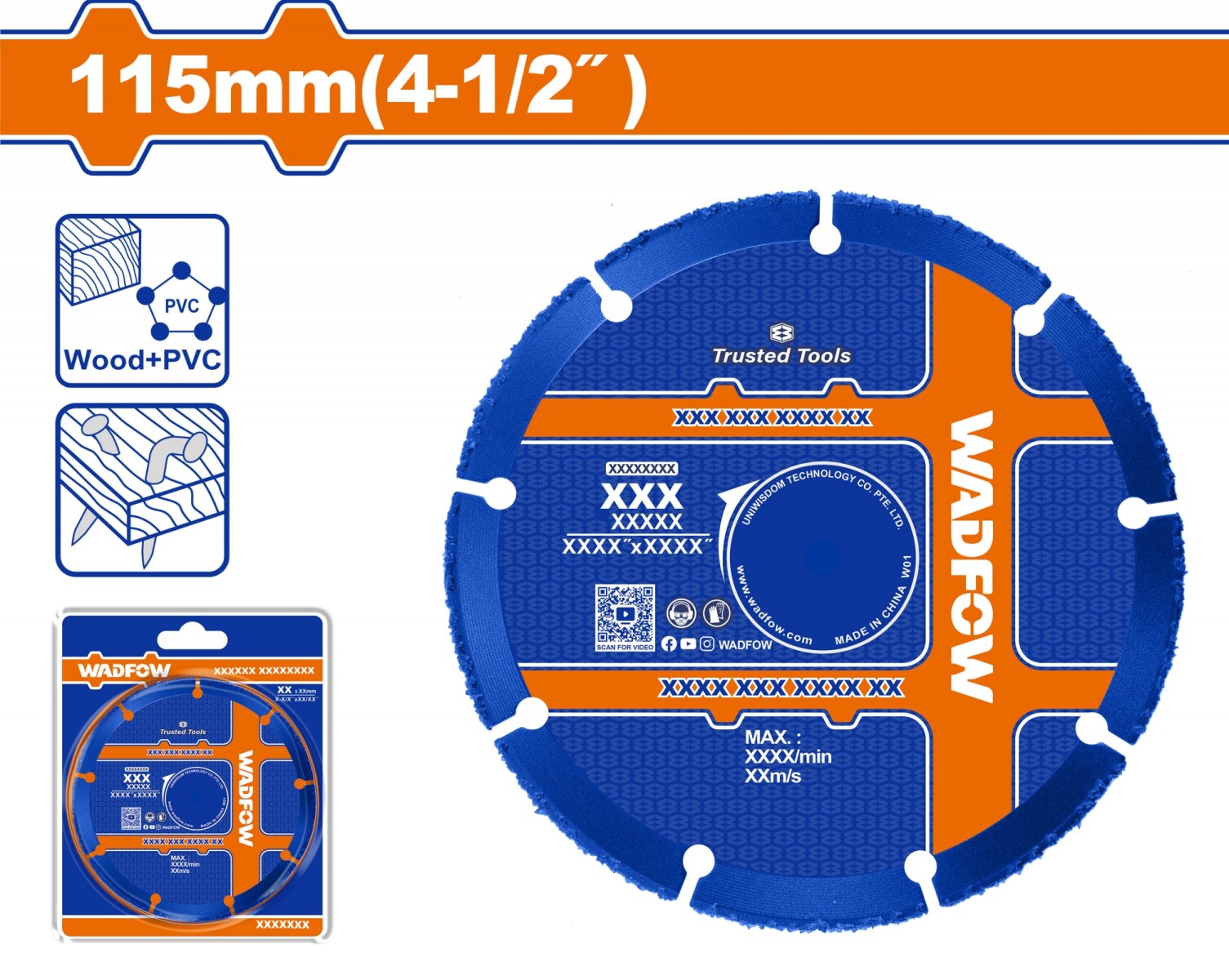 DISCO PARA MADERA 4 1/2´´ 115MM EJE 222 MM WADFOW WCCD1K45 