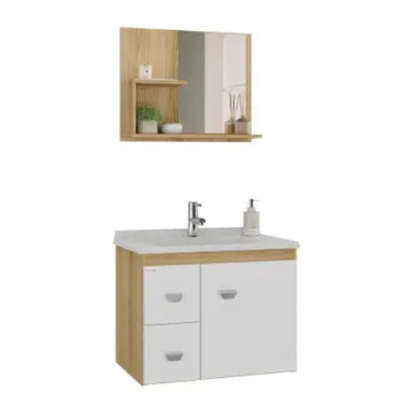 MUEBLE BAÑO SUSPENDIDO 60 CM CON MESADA Y ESPEJO BLANCO/CARVALHO MUEBLE BAÑO SUSPENDIDO 60 CM CON MESADA Y ESPEJO BLANCO/CARVALHO