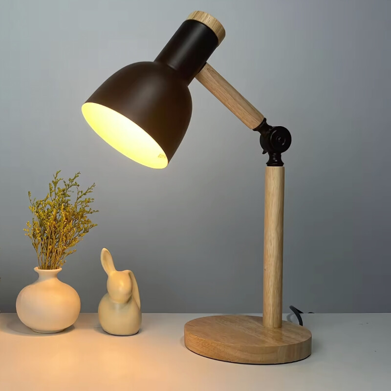 Lampara De Escritorio Portatil Nordica Madera Y Metal Negro