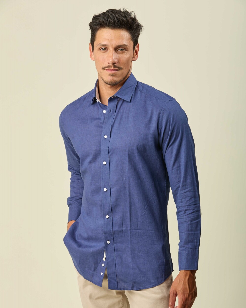 Camisa Lino Algodón Manga Larga Azul