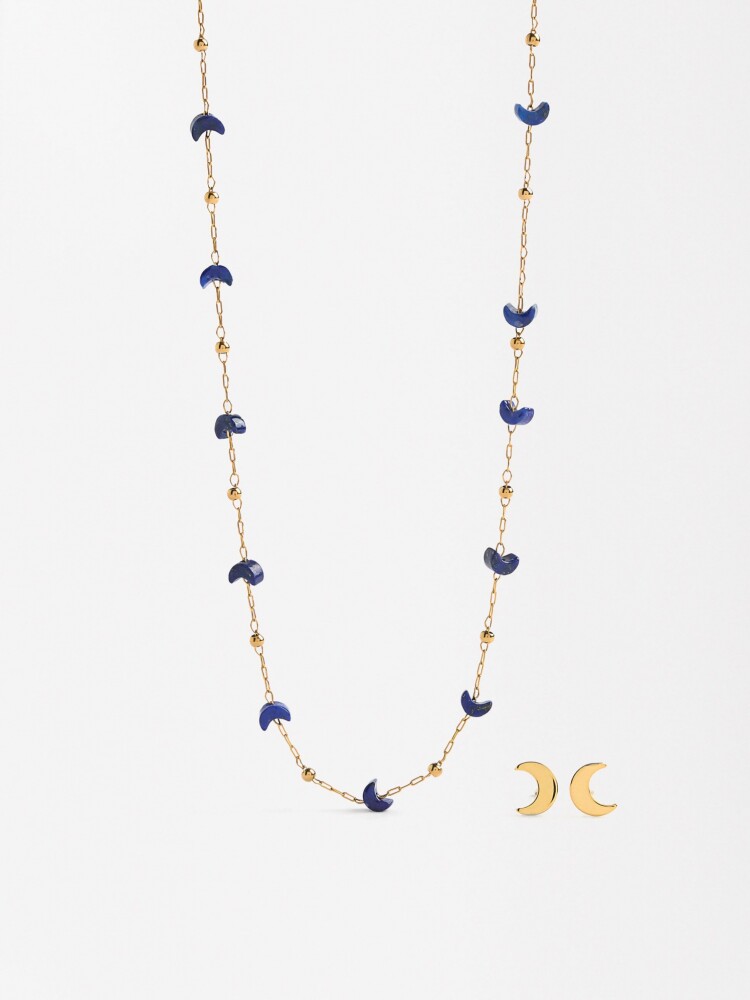 Set Collar Y Pendientes Lunas Y Estrellas - Acero Inoxidable azul