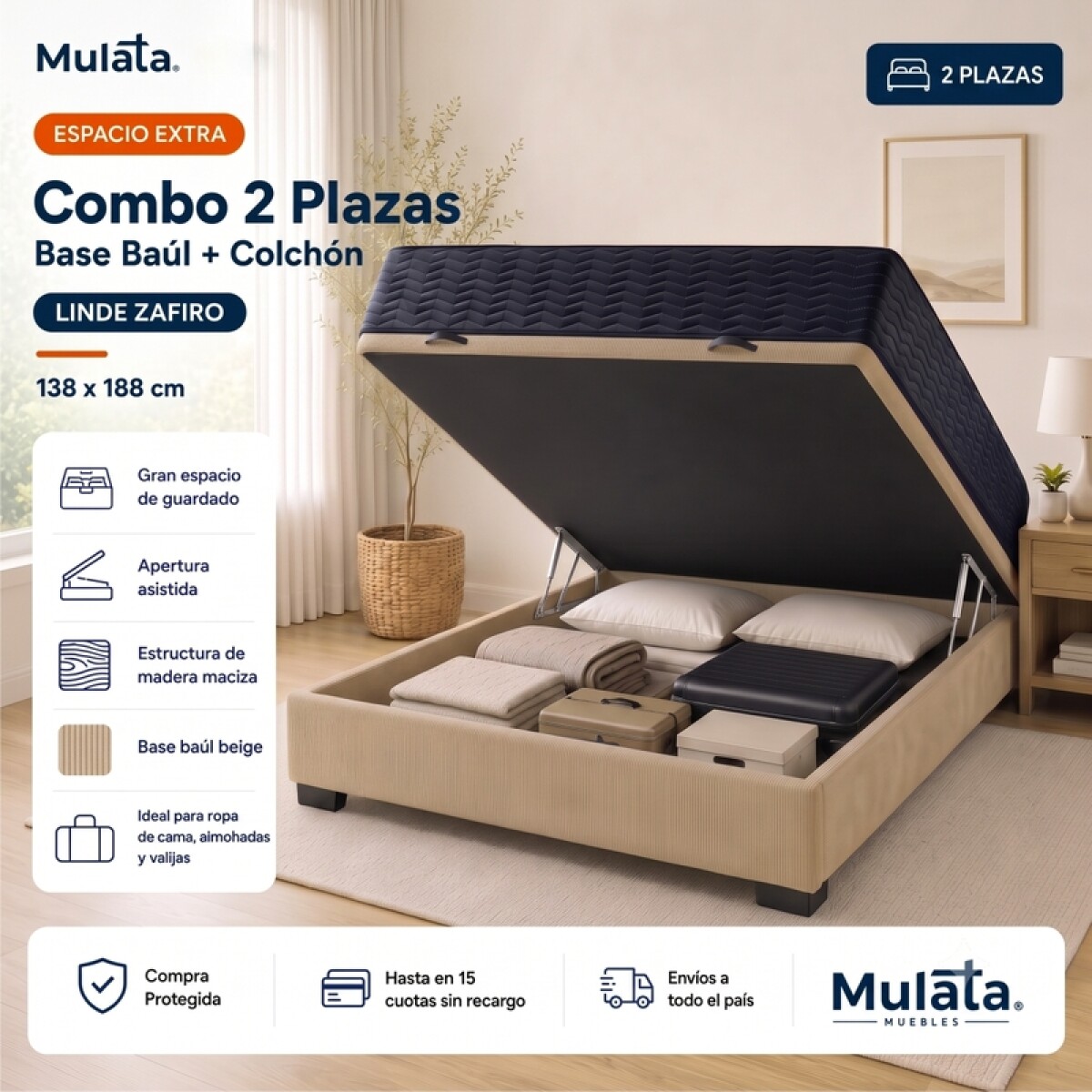 Sommier Baúl 2 Plazas Beige con Colchón Linde Zafiro 140x190 Firme 