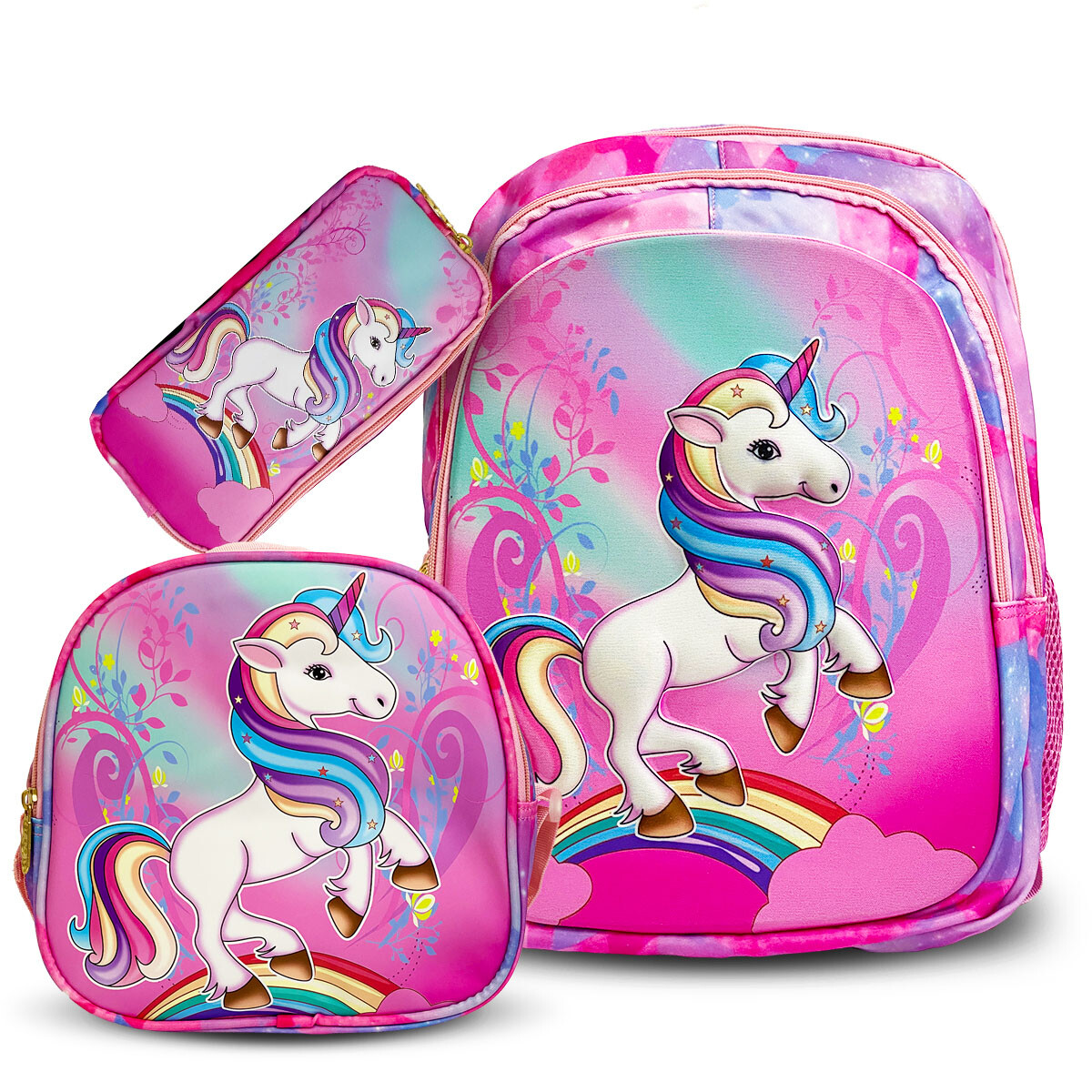 Mochila Escolar 3en1 Lunchera + Cartuchera Infantil - Rosado Unicornio 