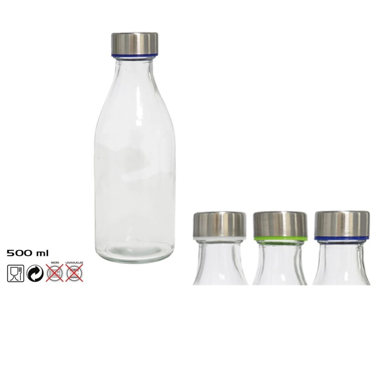 Botella de Vidrio Denver Redonda 500 ml con Tapa de Acero Inoxidable 