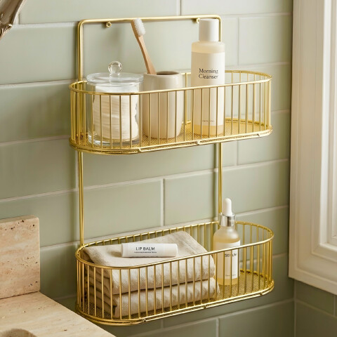 Organizador de Baño Metálico P/ Colgar con 2 Niveles Estante Color Dorado