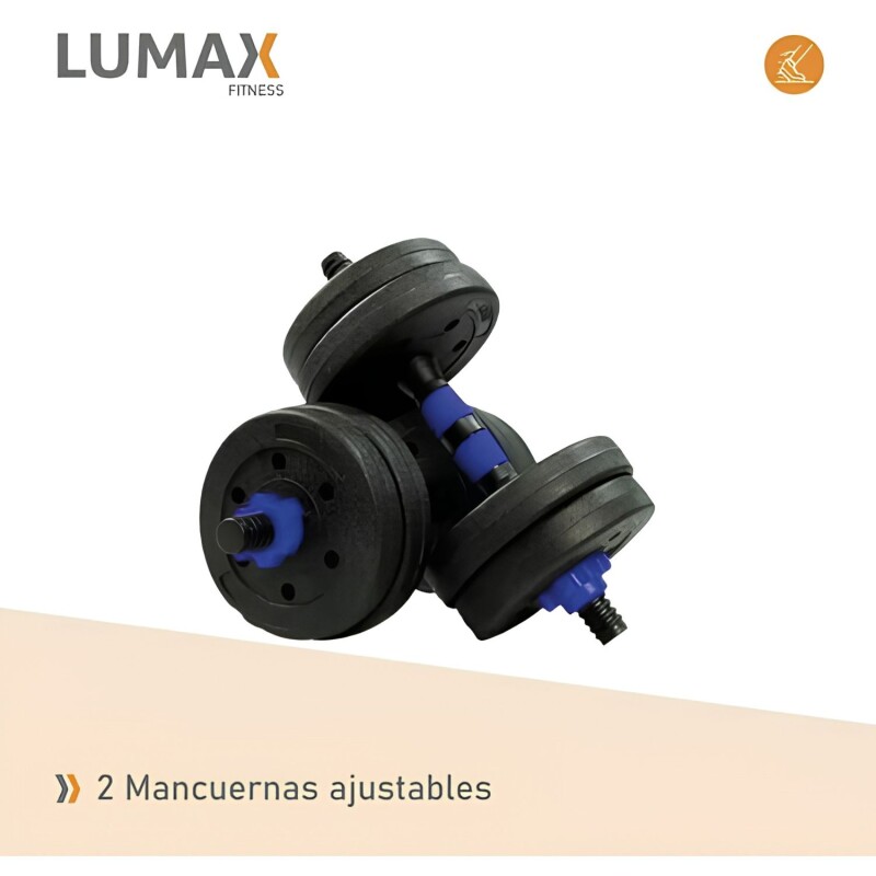 Set 2 Mancuernas Lumax + Barra 2 En 1 + 20kg Discos Pesas Azul