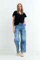 Blusa manga corta con frunce en hombros NEGRO