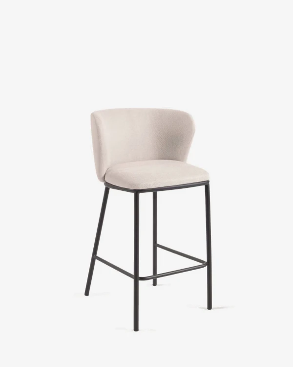 Taburete Ciselia de chenilla beige y patas de acero con acabado negro altura 65 cm