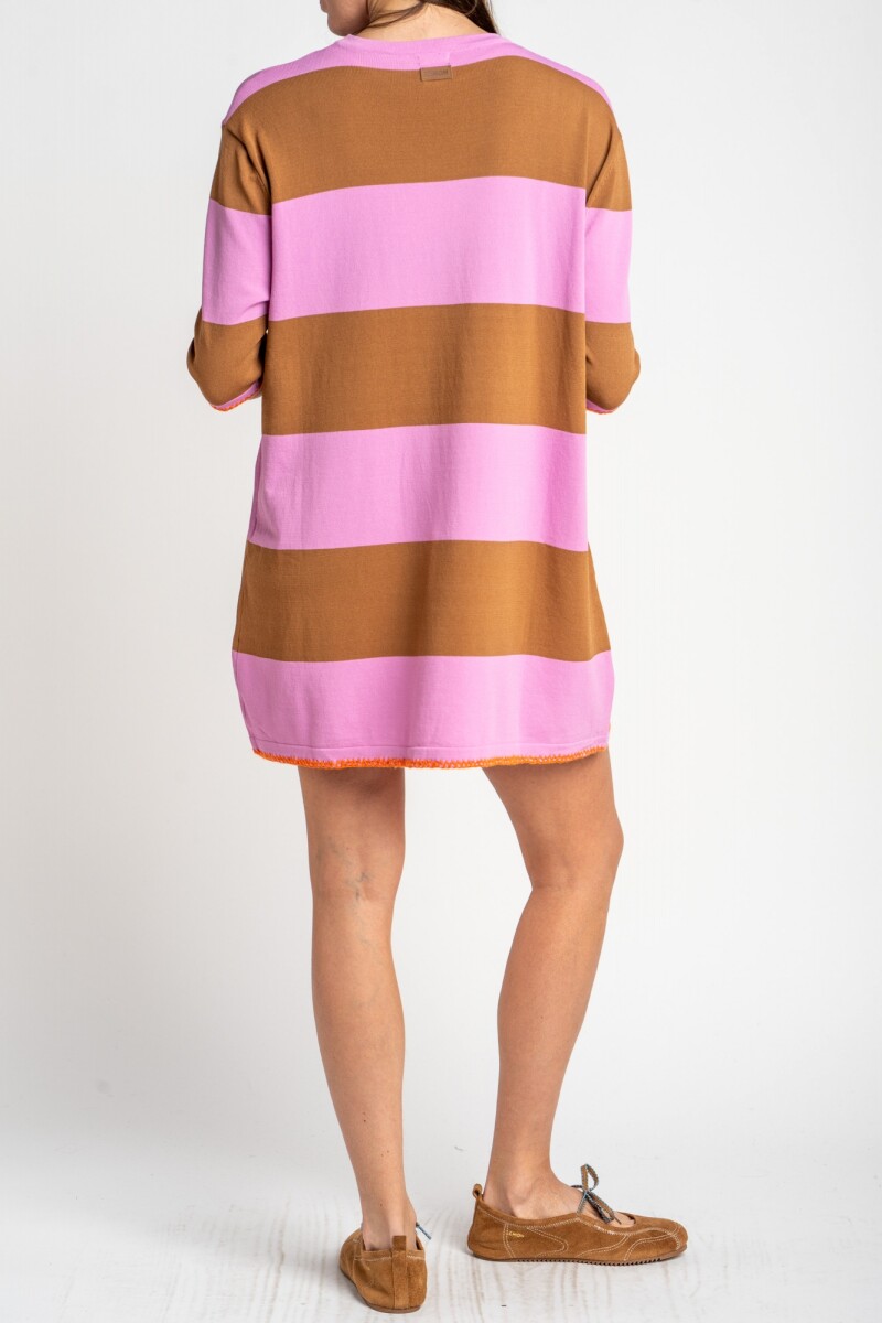 Vestido Corto Tejido A Rayas Rosa