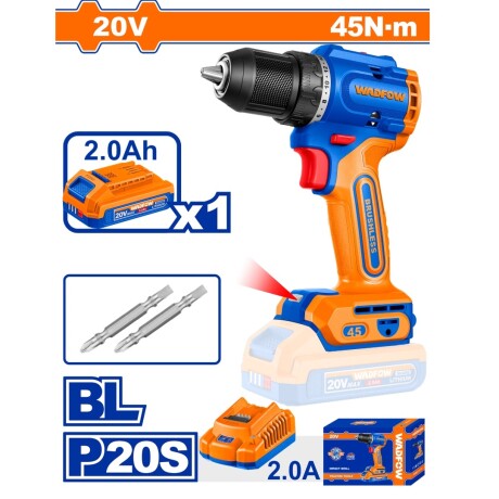 TALADRO ATORNILLADOR CON PERCUTOR 45NM A BATERIA 20V + BATER AZUL-NARANJA