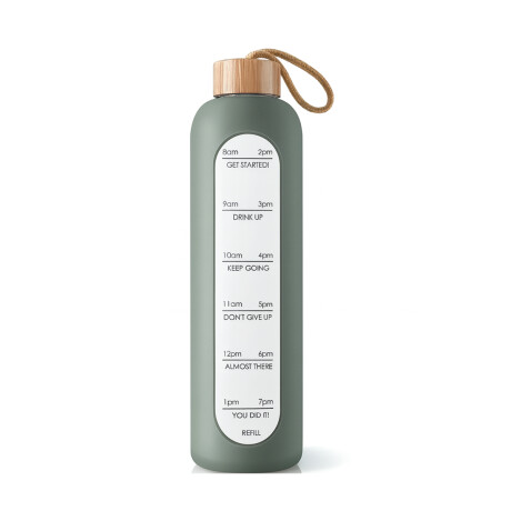Botella de vidrio con funda de silicona y tapa de bambú con frases motivacionales Verde