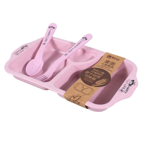 Set Comida Bebé Plato c/ Divisiones Cuchara Tenedor Plástico Rosa