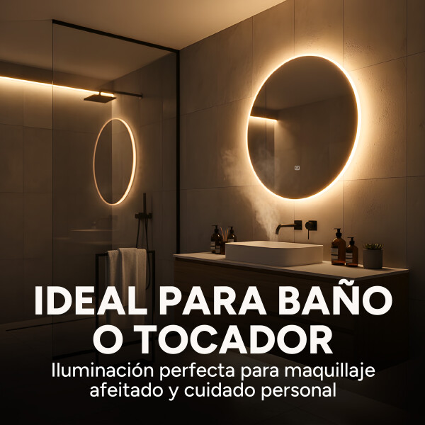Espejo Redondo Baño Táctil 3 Modos Luz Retroiluminado 60 Cm Circular