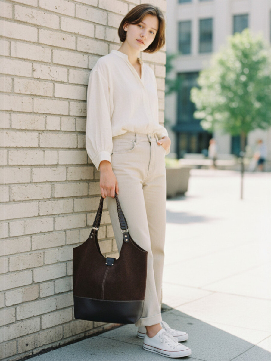 Tote bag de cuero con gamuza - Chocolate 