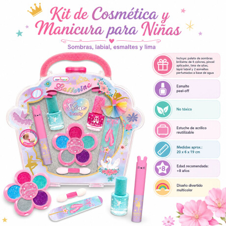 Kit Cosmética Manicura Niñas c/ Sombras Labial Esmaltes Lima Ballerina