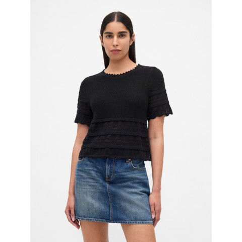 SS LINEN POINTELLE TOP BLACK