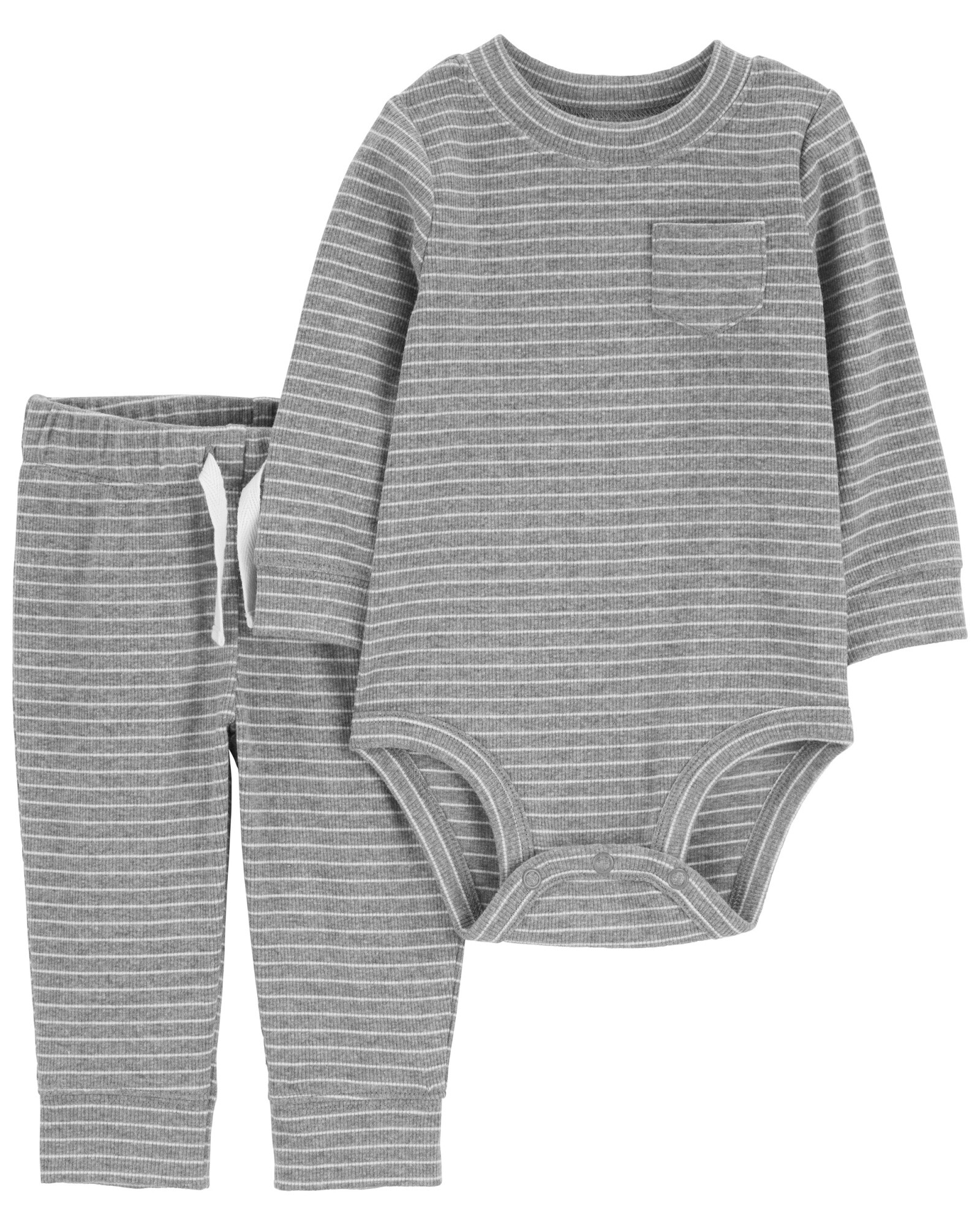 Set dos piezas de algodón acanalado, pantalón y body, diseño a rayas Sin color