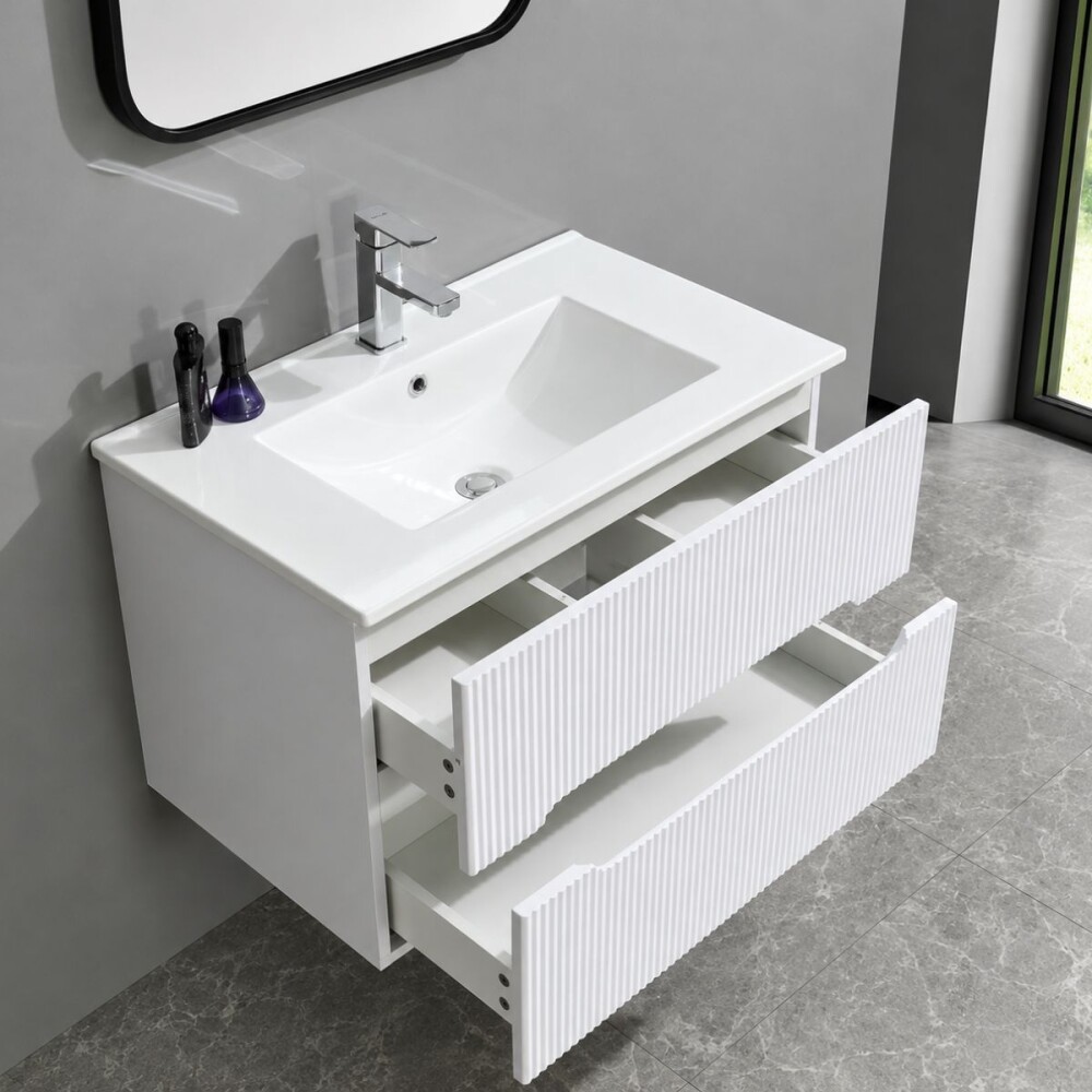 Mueble de baño 2 cajones Blanco Ripado 60cm Mueble De Baño 2 Cajones Blanco Ripado 60cm