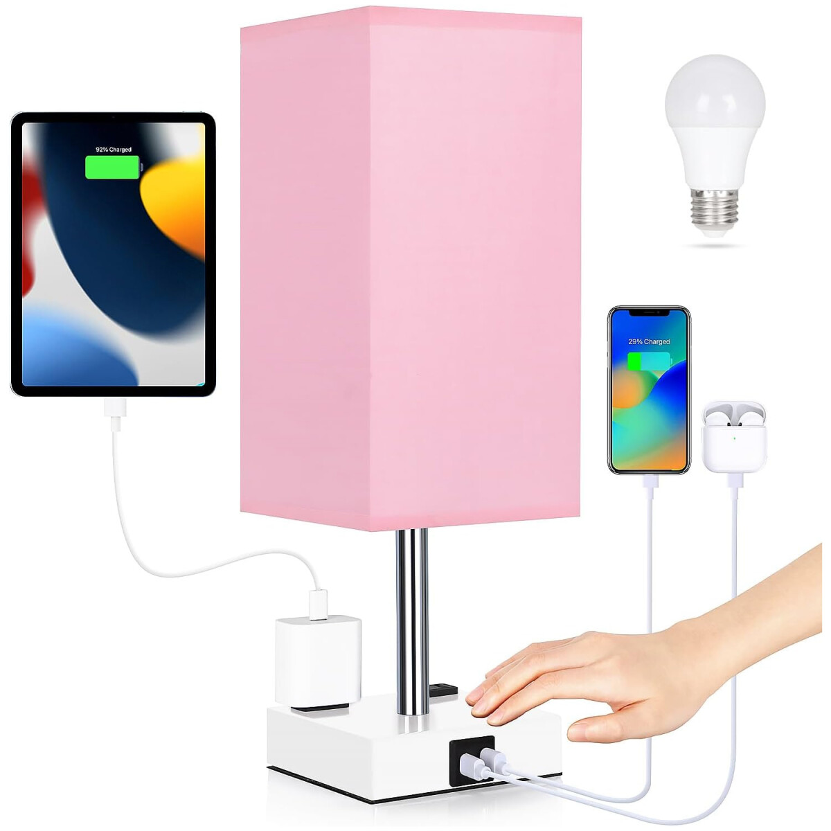 Lámpara de Mesa Touch IMBACK IBK-ILU013 | Con USB-C, USB-A y Enchufes | Moderna y Funcional Rosa 