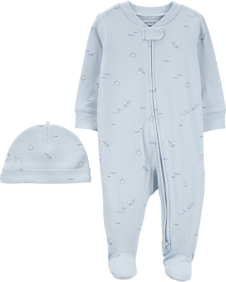 Pijama una pieza de algodón, con pie y gorro, diseño aviones 